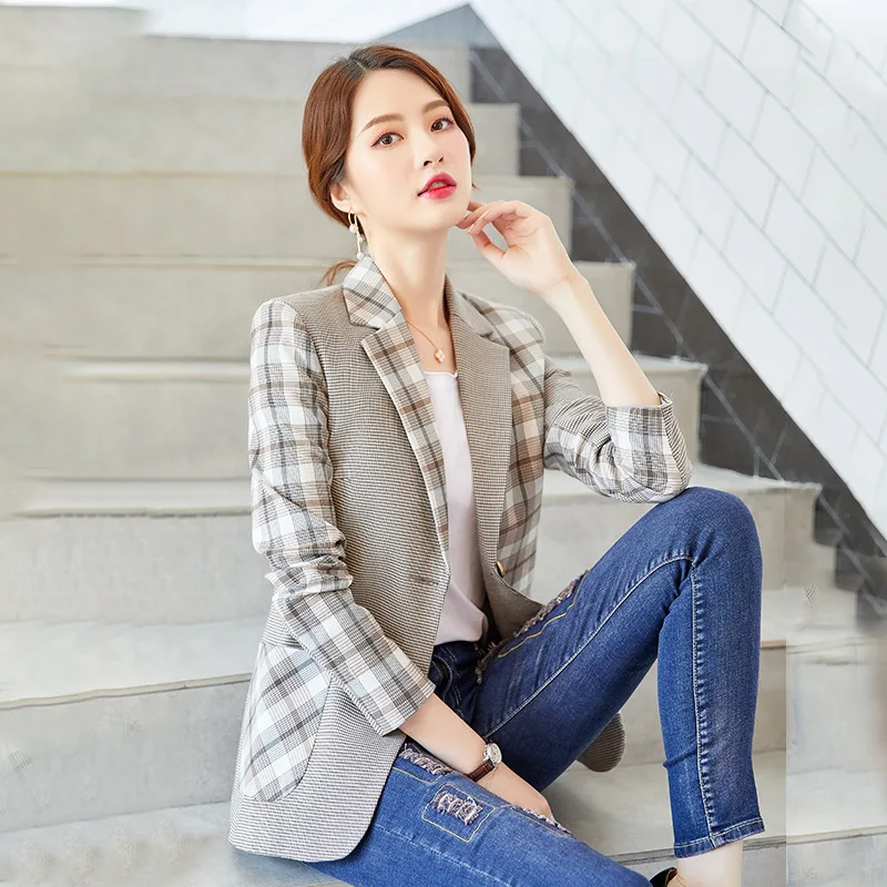 

2019 Autumn Plaid Small Suit Coat Women's Mid-length Slim Fit Versatile Slimming Business Suit Korean-style Tops