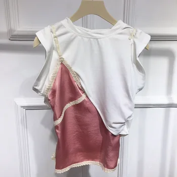 

2020 Summer Women Lace Vest Strap Top Fake Two Short-sleeved T-shirt Women's Color Matching Design Sense A2