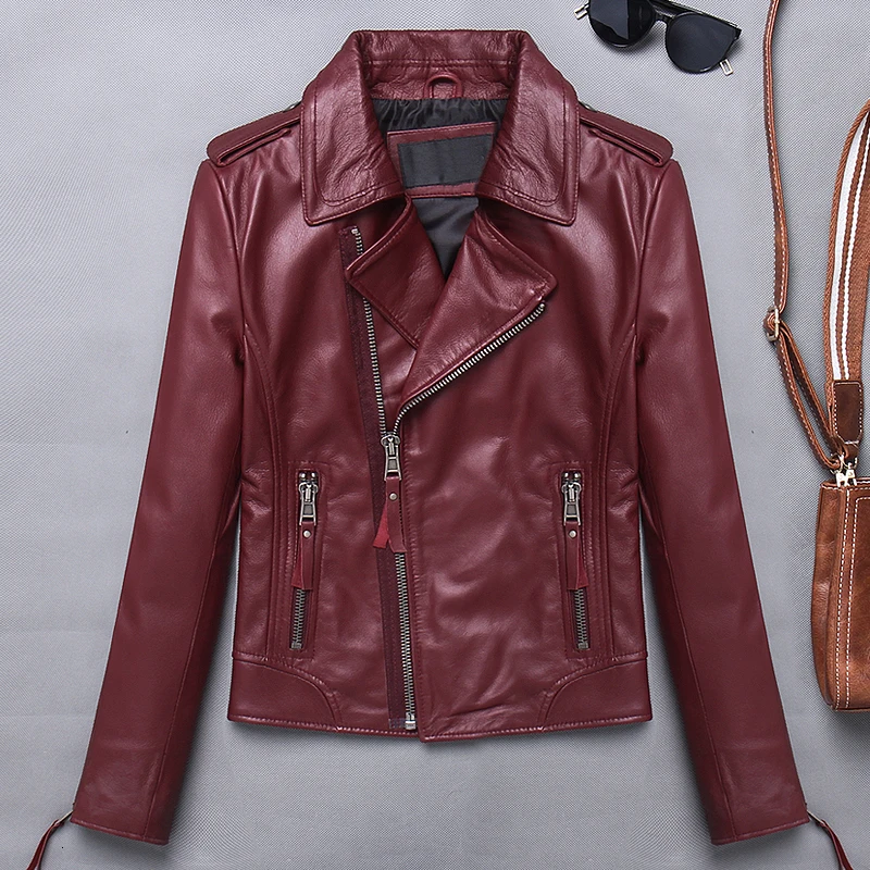 

Office Lady Motorcycle Leather Jackets Real Lambskin Genuine Sheep Leather Coats Slim Fashion Short Slim aviator Jacket Women