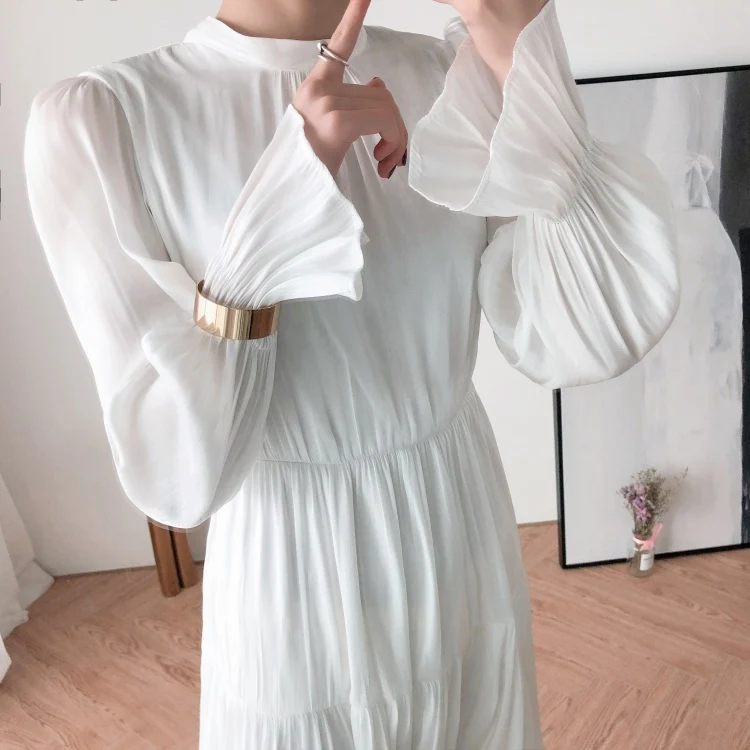 2020 Spring White Lotus Leaf Dress Women French Niche Over The Knee Foreign Style Retro Long Sleeve Cake Dress Female