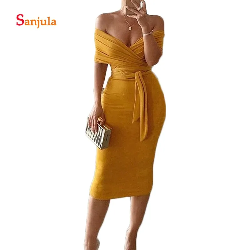 

Dark Yellow Sheath Cocktail Dresses Knee Length Sweetheart Off the Shoulder Evening Party Gowns Pleats sukienka koktajlowa D1281