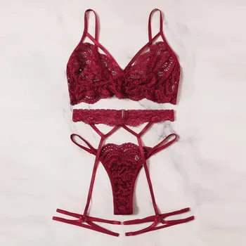 

Hot sales Women Underwear Sexy Lace Bra Hollow Thong Garter Sleepwear Black Lingerie Set S-XL ensemble sous vetement femme 3@