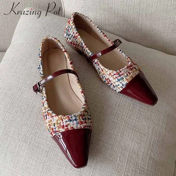 

Krazing pot cow leather patchwork ladies shoes sweet buckle straps mixed color round toe low heels dating fashion cozy pumps L03