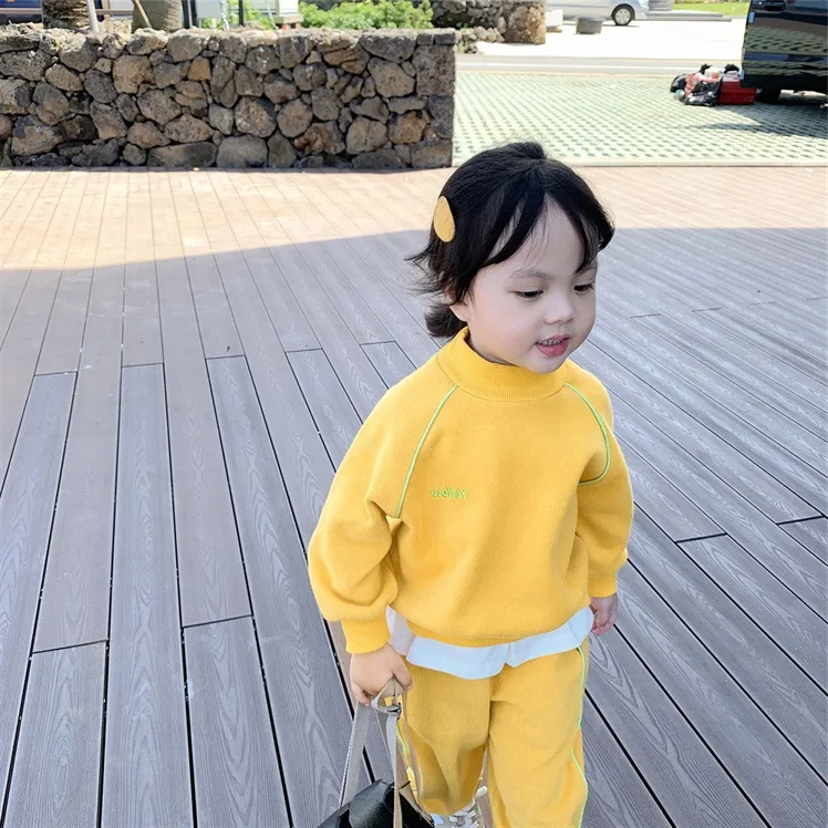 yellow round collar Г. Комплект повседневной одежды для мальчиков и девочек, теплый зимний бархатный костюм детские толстовки с капюшоном, куртки+ брюки комплекты детской одежды - Цвет: yellow round collar