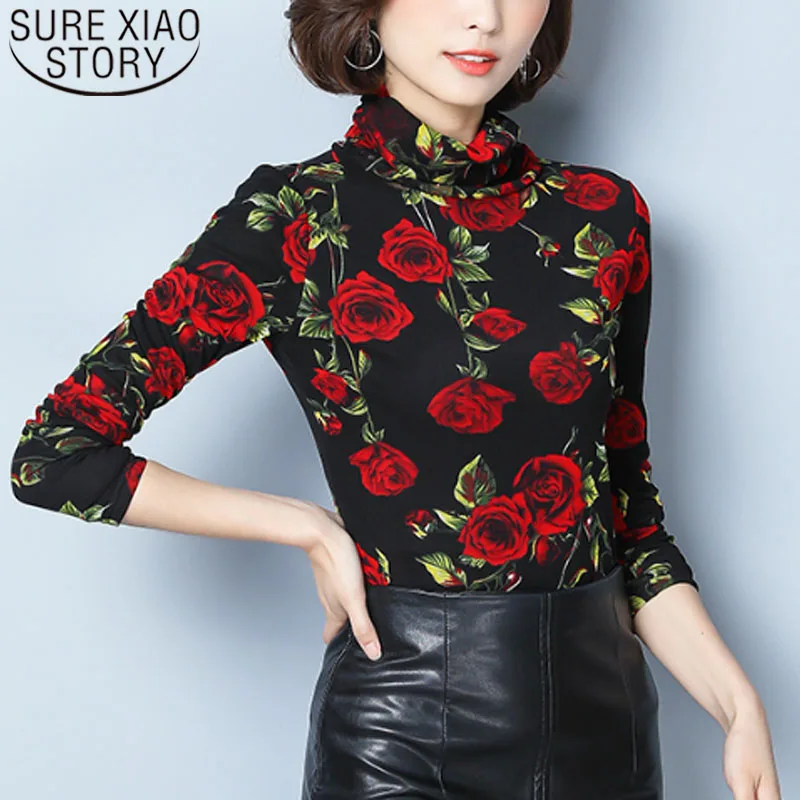 

2019 Autumn Fashion Women Tops and Blouses Casual Rose Printed Women Tops Long Sleeve Turtleneck Women Clothing 5672 50