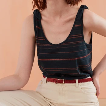 

Women Vest 2019 Spring and Summer Blackish Green Shoulder Bowknot Striped Vest