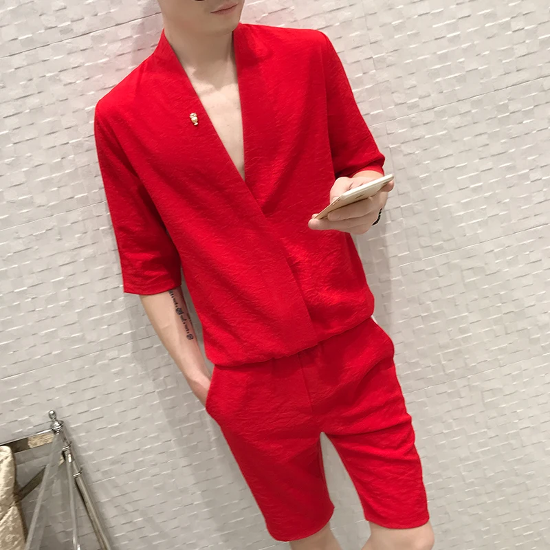 Модный Цветной Мужской комплект с v-образным вырезом для отдыха летний