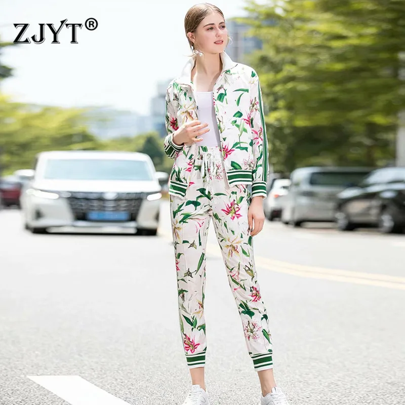 

High Street Fashion Casual Tracksuit Set Women 2019 Autumn Runway Designer Floral Print Jacket and Pants Suit 2Piece Set Twinset