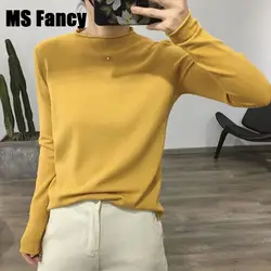 2019 Ранняя осень корейский стиль женский тонкий длинный рукав вязаный пуловер сплошной цвет o-образным вырезом свитер видов цветов