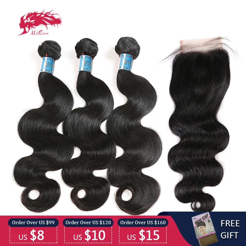 

Ali Queen Hair Peruvian 3/4Pcs Body Wave Virgin Hair Bundles With Lace Closure Frontal Pre-plucked Free Part Natural Color