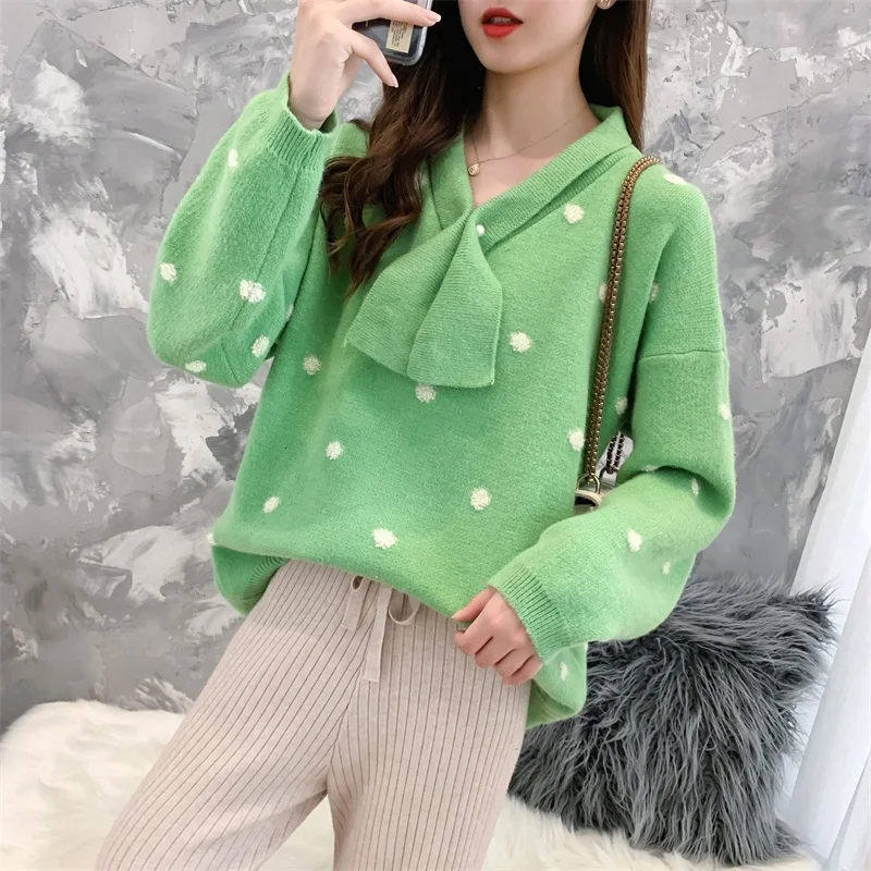 H.SA Women Winter Sweaters Long SLeeve Crew Neck Pink Pullover and Sweater Polka Dots Bow Sweaters Kawaii Knitwear Tops