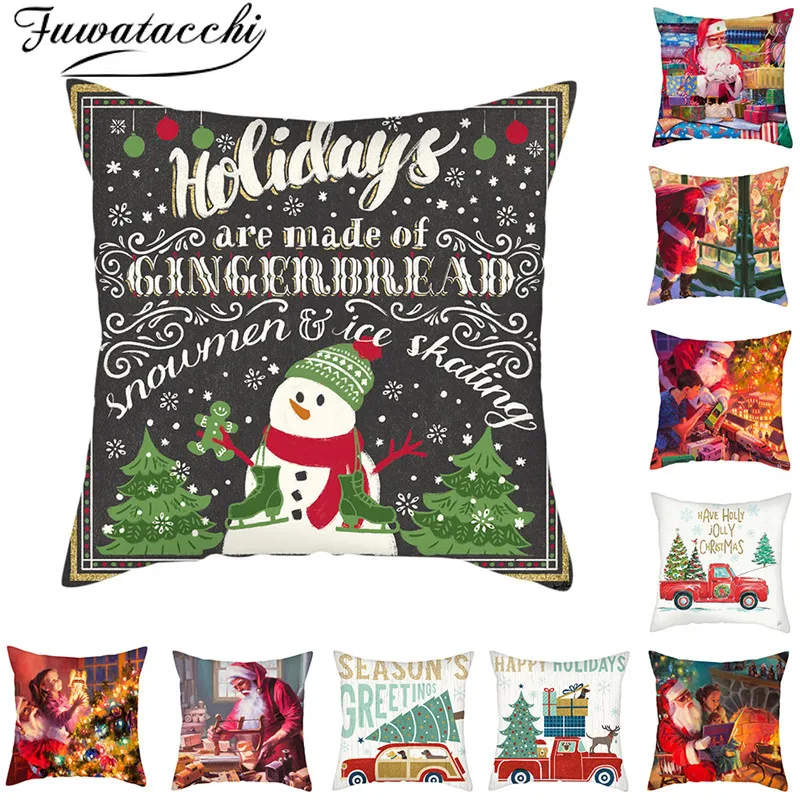 

Fuwatacchi Santa Claus Printed Cushion Cover Christmas Pillow Covers Polyester Decoration Pillow Cases for Home Sofa 45X45cm