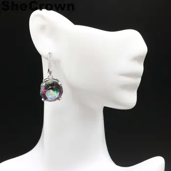 

32x15mm Romantic 15x15mm Round Shape 10g Fire Rainbow Mystic Topaz White CZ Woman's Party Silver Earrings