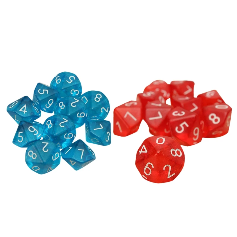 

20-Dices D10 Ten Sided Gem Dice Die For RPG Dungeons&Dragons Board Table Games Transparent Red & Blue