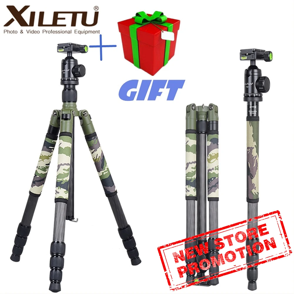 

XILETU T284C+FB1 Camouflage Carbon Fiber Tripod Professional Hidden Outdoor Shooting for Digital DSLR Camera and Video Camcorder