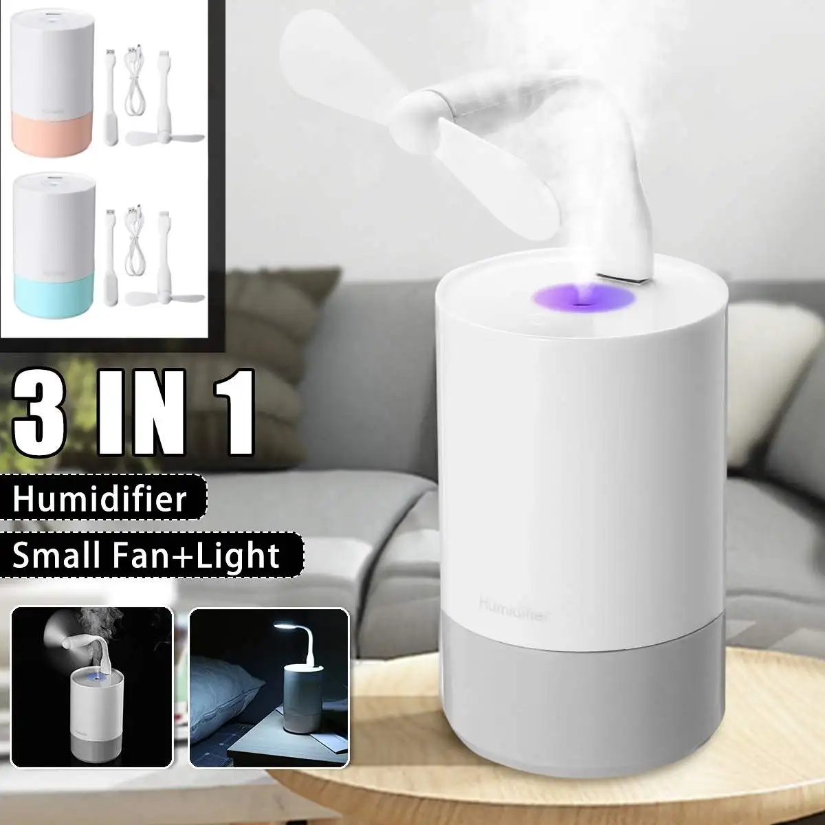 

3 in 1 USB Air Humidifier Ultrasonic Humidifier With LED Light USB Fan Air Purifier Essential Oil Diffuser for car Home Office