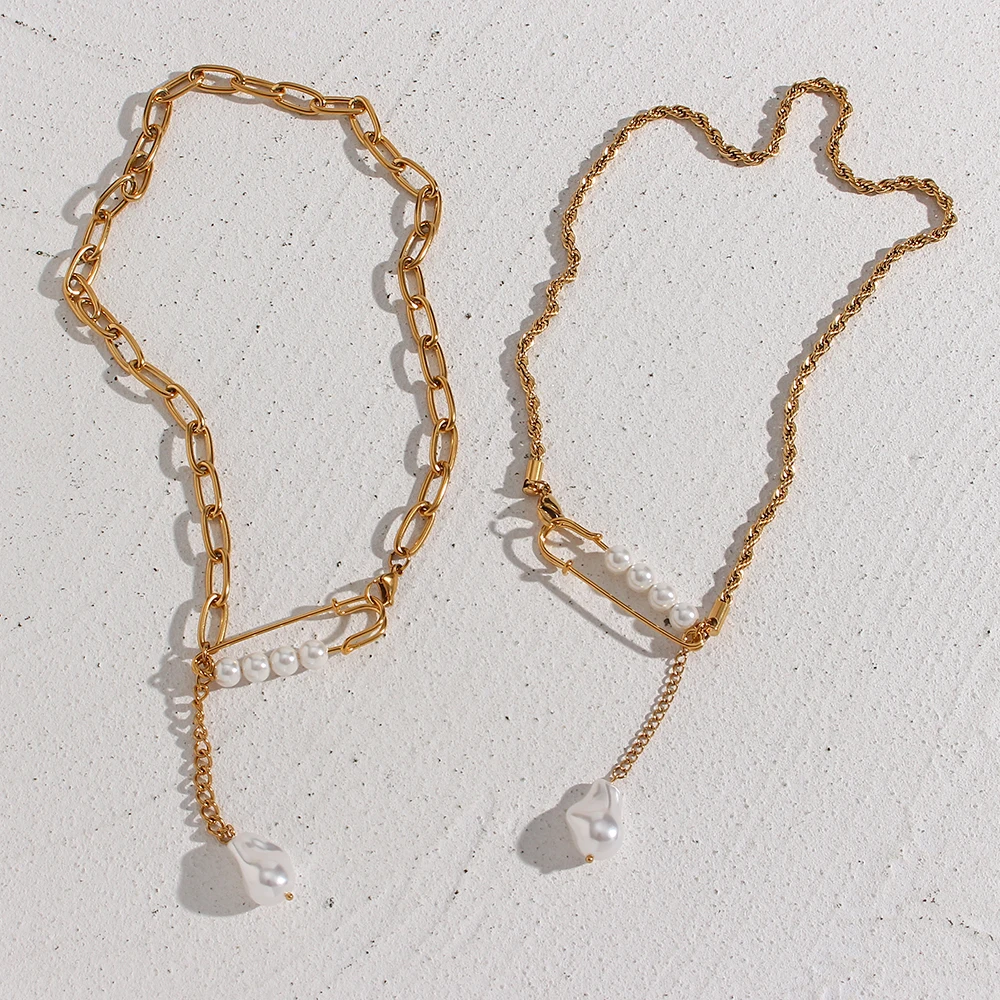

Gold Color Stainless Steel Paper Clip Chain Y Shape Pearl Pendant Necklace 2021 New Trend Jewelry Choker Female Jewellry