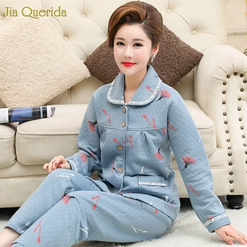 

Blue Color Elegant Plus Size Women Pajamas Cotton Sleepwear Winter Plus Size Home Suits Button Lapel Diamond Pattern Pajama Set