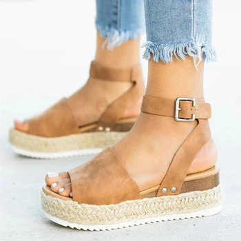 

Women Hemp Sandals Fashion Ankle Strap Solid Platform Ladies Wedges 2020 Summer Casual Peep Toe Plus Size Women's Shoes