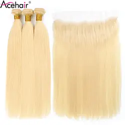 Acehair пряди с закрытием 613 медовый блонд монгольские прямые 10-30 дюймов Remy человеческие волосы плетение Кружева Фронтальная Закрытие с 3 бу