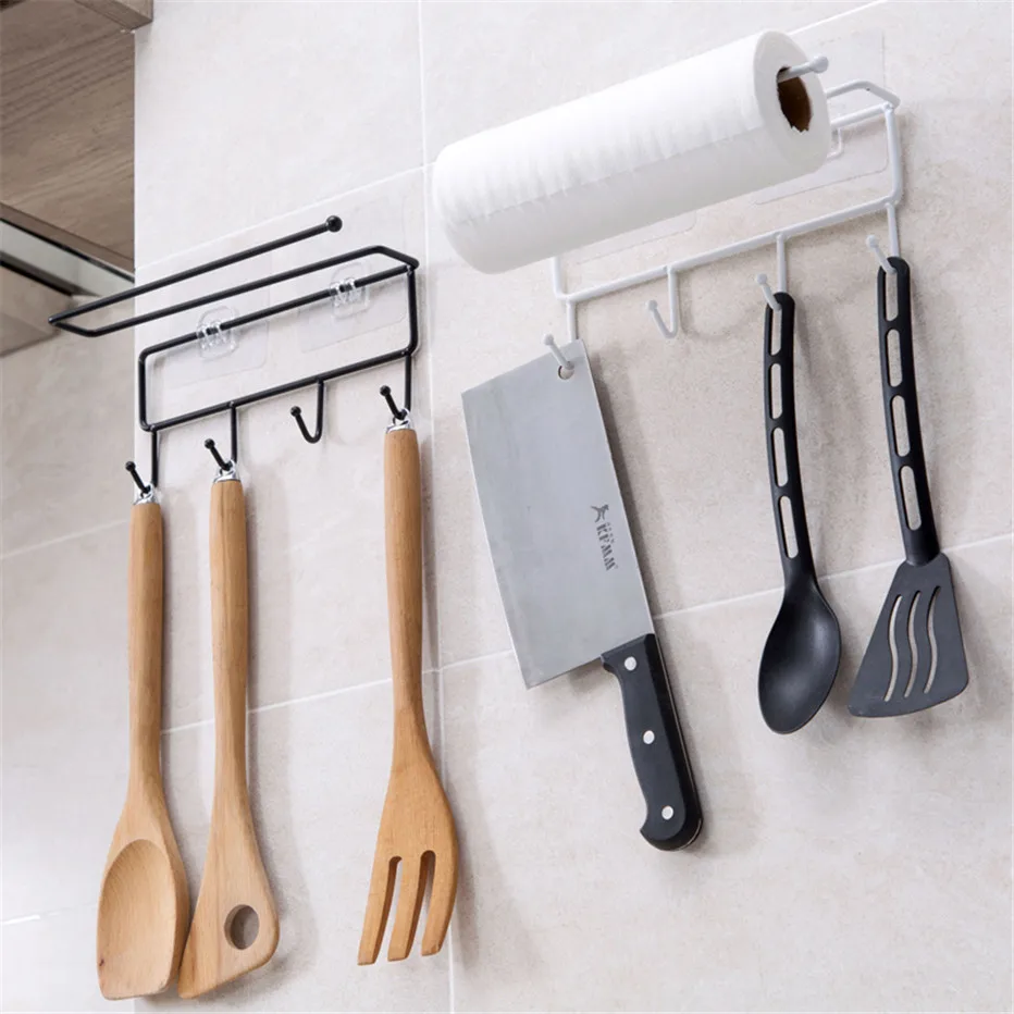 Kitchen Tools Organizer Iron Storage Rack Bathroom Towels Hanger Roll Paper Holder Cupboard Hanging Shelf Hooks On The Wall3