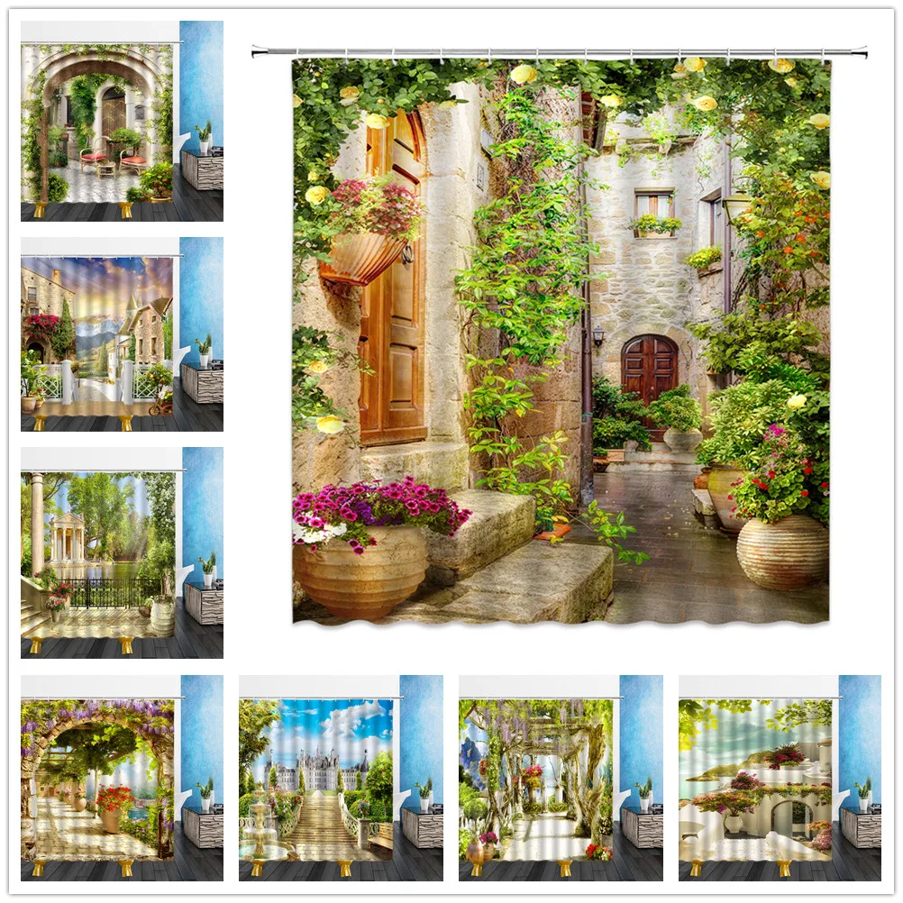 

Garden Flowers Scenery Shower Curtains Bath Curtain 3D Print Waterproof Bathroom Home Decor Washable Fabric Bathroom Screens