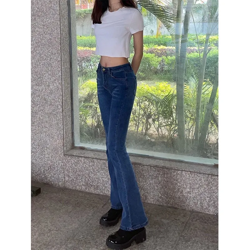 High Waist Vintage Streetwear Micro Flare Denim Pants For Women Summer Autumn Slim Long Jeans Ladies Korean Style Denim Trousers blue jeans for women s denim pants autumn wear high waisted straight micro flared pants floor mop wide leg pants