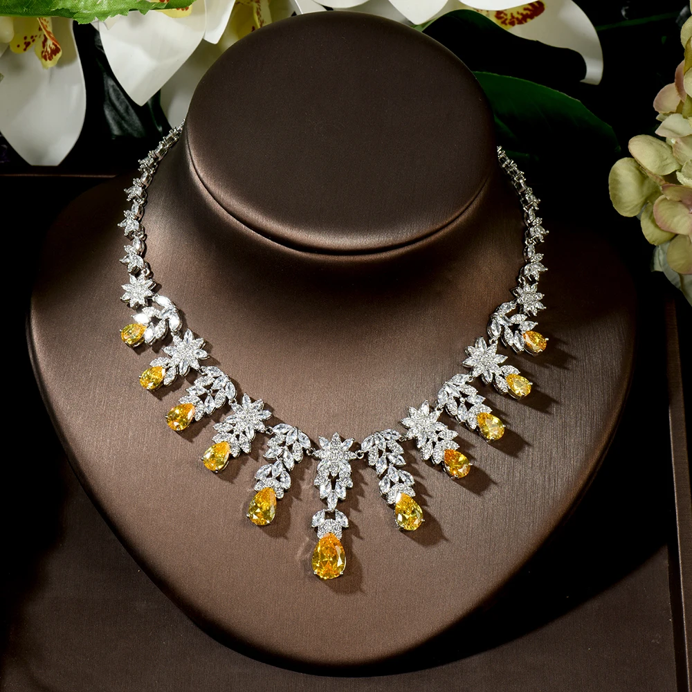 HIBRIDE Luxury 5 Colors Women Wedding Party Dress Jewellery Big Dangle Drop Bridal CZ Necklace Earrings Jewelry Sets N-1448 4