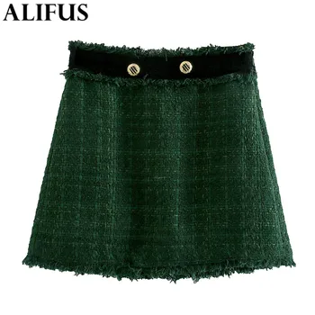 

Fashion Za Women Skirts Solid 2020 Spring Autumn Button Skirt Elastic High Waist Mini A-Line Female Ladies