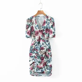 

New 2020 women elegant v neck flower print pleated slim mini dress lady chic three quarter sleeve side zipper vestidos DS3585