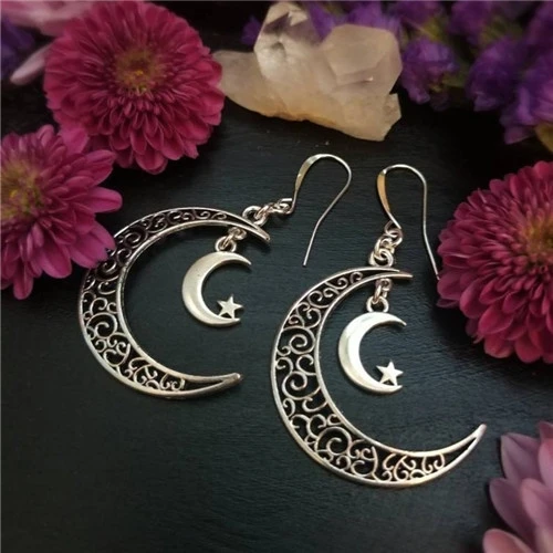 Vintage Hollow Moon Hook Earrings for Women Retro Double Moons Star Dangle Silver Color Boho Ethnic Jewelry Gift Accessories | Украшения и
