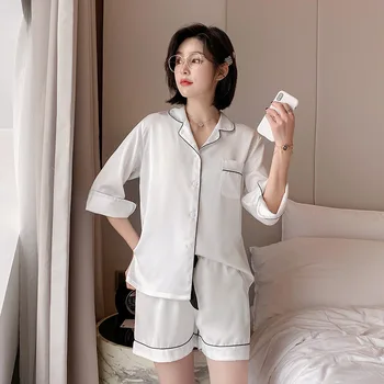 

New Pajamas Female Ice Silk Seven-Quarter Sleeve Shorts Summer Solid Color Two-Piece Suit Short-Sleeved Home Service