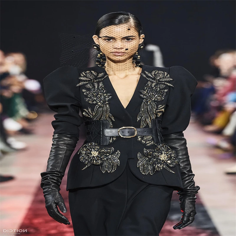 Chaqueta corta con mangas abullonadas y diseño de cuentas negras para mujer, vestido de fiesta, cóctel, botón oculto, en V|chaquetas básicas| -