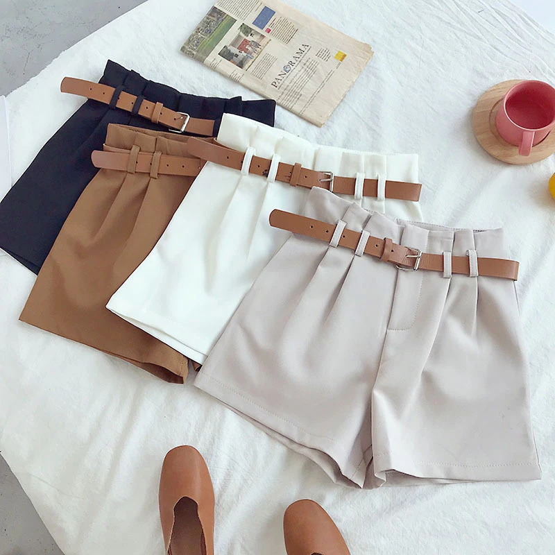 

Korean Brief Design White Suit Shorts For Women 2020 Fashion Solid High Waist Wide Leg Shorts With Belt 5 Colors
