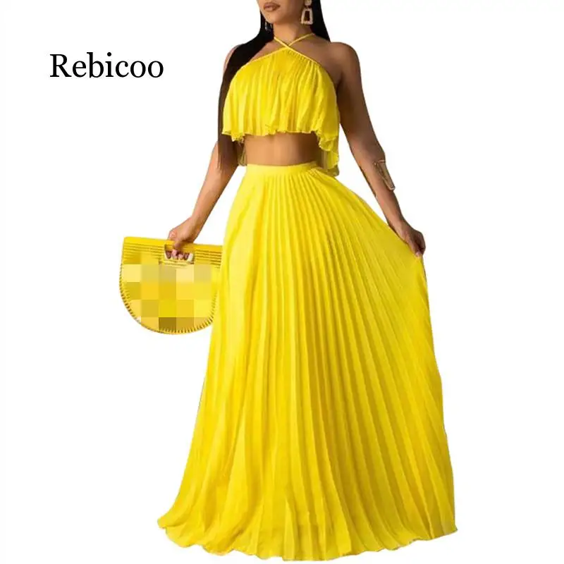 

Yellow Crop Top Party Long Skirts 2 Piece Set Party Club Summer Outfit 2 Piece Summer Clothes Women Matching Sets