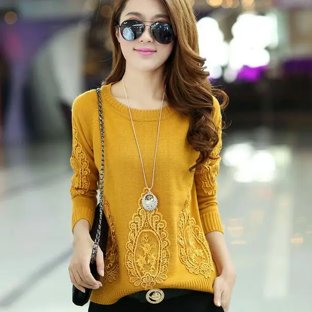 Spring Autumn New 2020 Cashmere Pullover Women Knit Sweater Hedging Round Neck Outwear Female Lace sweaters DF432 | Женская одежда