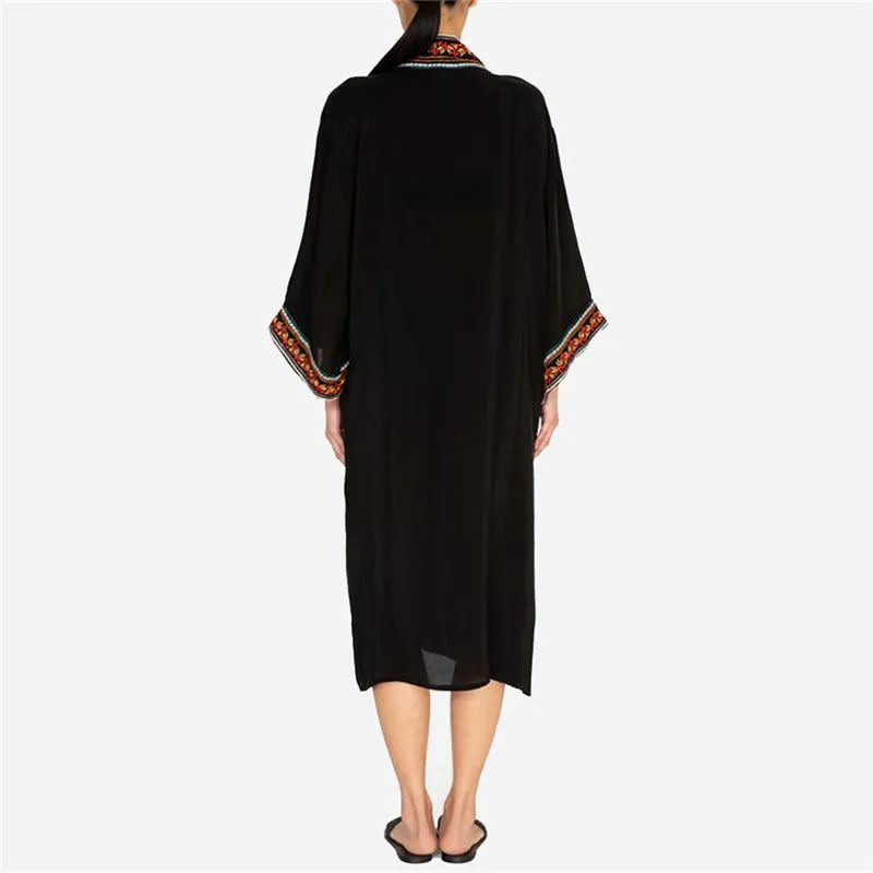 Embroidery Kaftan Beach Tunic Cotton Beach Cover up Saida de Praia Swimsuit Women Bikini cover up Pareo Sarong Beachwear#Q940