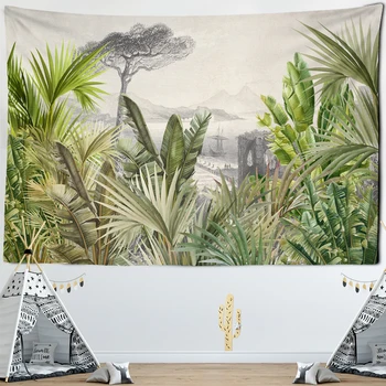 

Green Leaves Tropical Tree Tapestry Wall Fabric Nature Palm Tree Landscape Cactus Picture Tapestries Tablecloth Beach Wall Clot