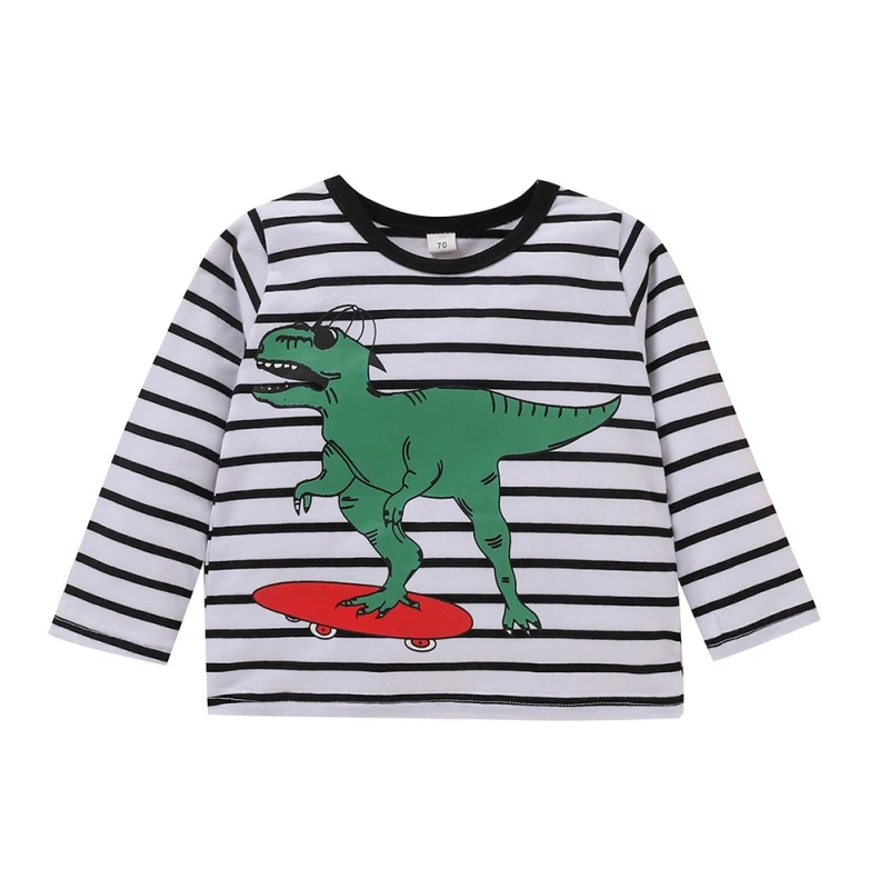 

2020 Autumn Spring Baby Boy Long Sleeve 6 Size Cartoon Dinosaur Print Striped Tops T-Shirts Kids Casual Blouse New