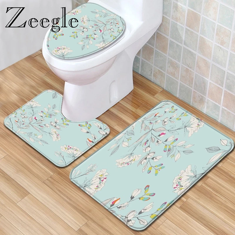 Zeegle Bath Mat Simple Printed Toilet Cover Seat Mat Absorbent Toilet Pedestal Rug Non-slip Bathroom Doormat Shower Mat Foot Rug