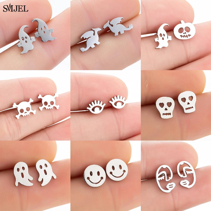2024 Edelstahl Ohrringe Geometrische Frauen Männer Hip hop Schwarz Geister Schädel Stud Ohrring Modeschmuck Halloween Beste Geschenk