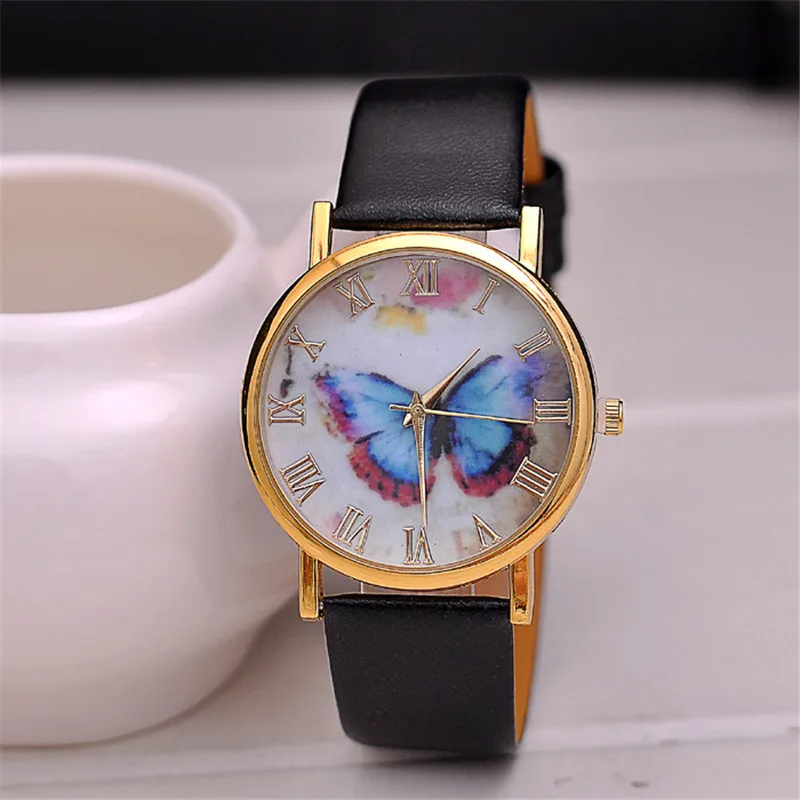 Relojes Mujer модное женское платье для девочки часы-браслет Кварцевые часы Бабочка Стиль Кожаный ремешок аналоговые кварцевые наручные часы