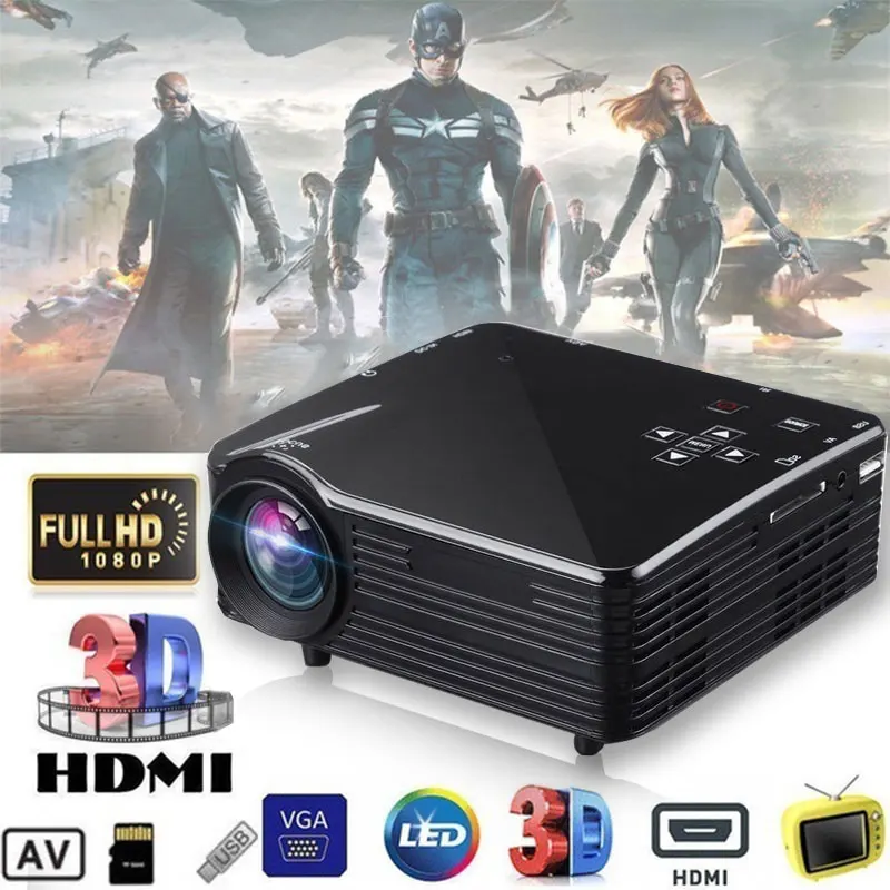  Mini Projector Portable LED Projector 1920X1080 Pixels USB/AV/VGA/HDMI/SD Multimedia Port US Plug H