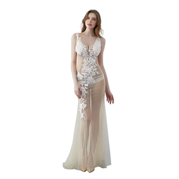 

Night temptation see-through dress sexy deep V-neck fishtail net gauze was thin dress sauna club work clothes tulle dress