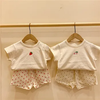 

Newborn Toddler Kids Baby Clothes Sets Boys Girls Cherry Print T-shirt Tops Dot Short Pants Outfits Children Clothes Suit