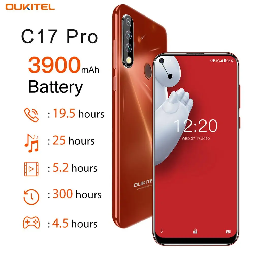  OUKITEL C17 Pro 6.35'' Android 9.0 4GB 64GB Smartphone 19:9 Dual 4G Band Mobile Phone Fingerprint F