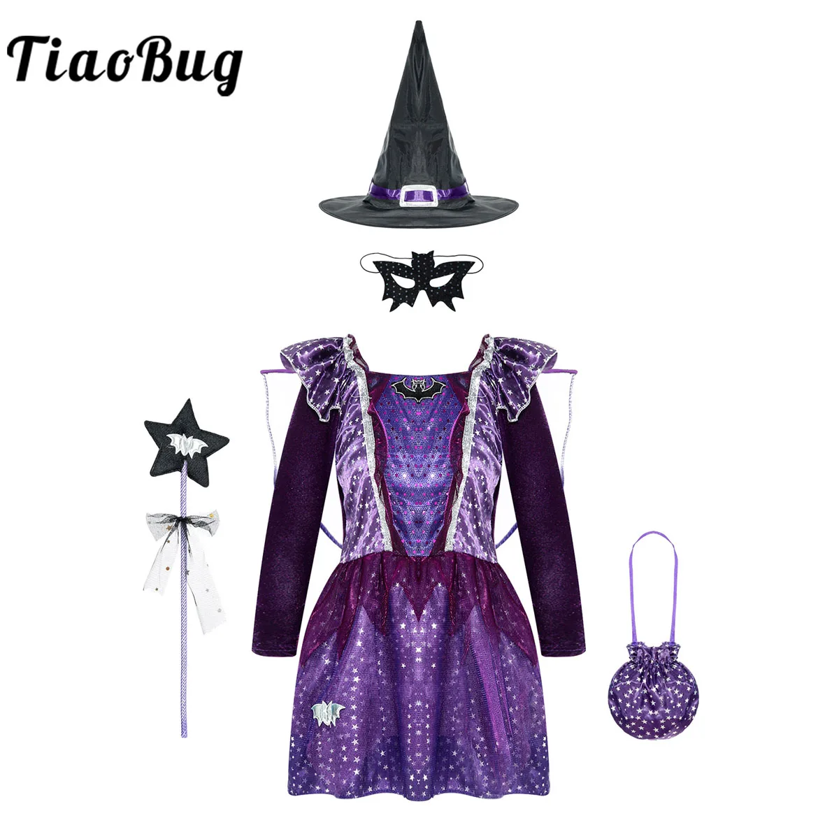 

Baby Girls Halloween Witch Costume Sparkly Stars Dress with Witch Hat Wand Candy Bag Set Carnival Cosplay Dress Up Clothes