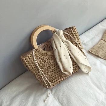 

New Straw Bag 2020 Women Hand-Woven Hollow Handbag Moon Shape Rattan Bag Big Capacity Drawstring Handbag Designer bolsos mujer