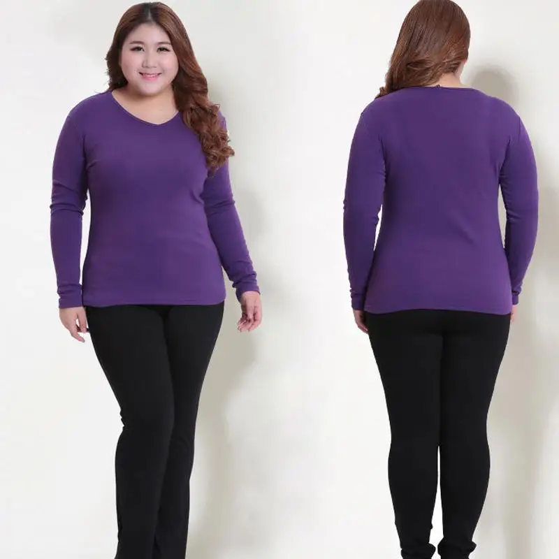 5XL 6XL осенние женские топы больших размеров, зимние рубашки с высоким воротом больших размеров, повседневные тянущиеся теплые облегающие Топы - Цвет: Purple V neck