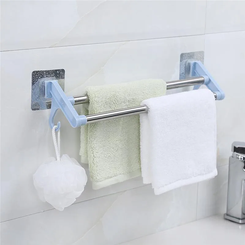 Stainless Steel Non-marking Punch-free Double Towel Rack Bar Rotating Towel Holder Bathroom Kitchen Wall-mounted Towel Hanger